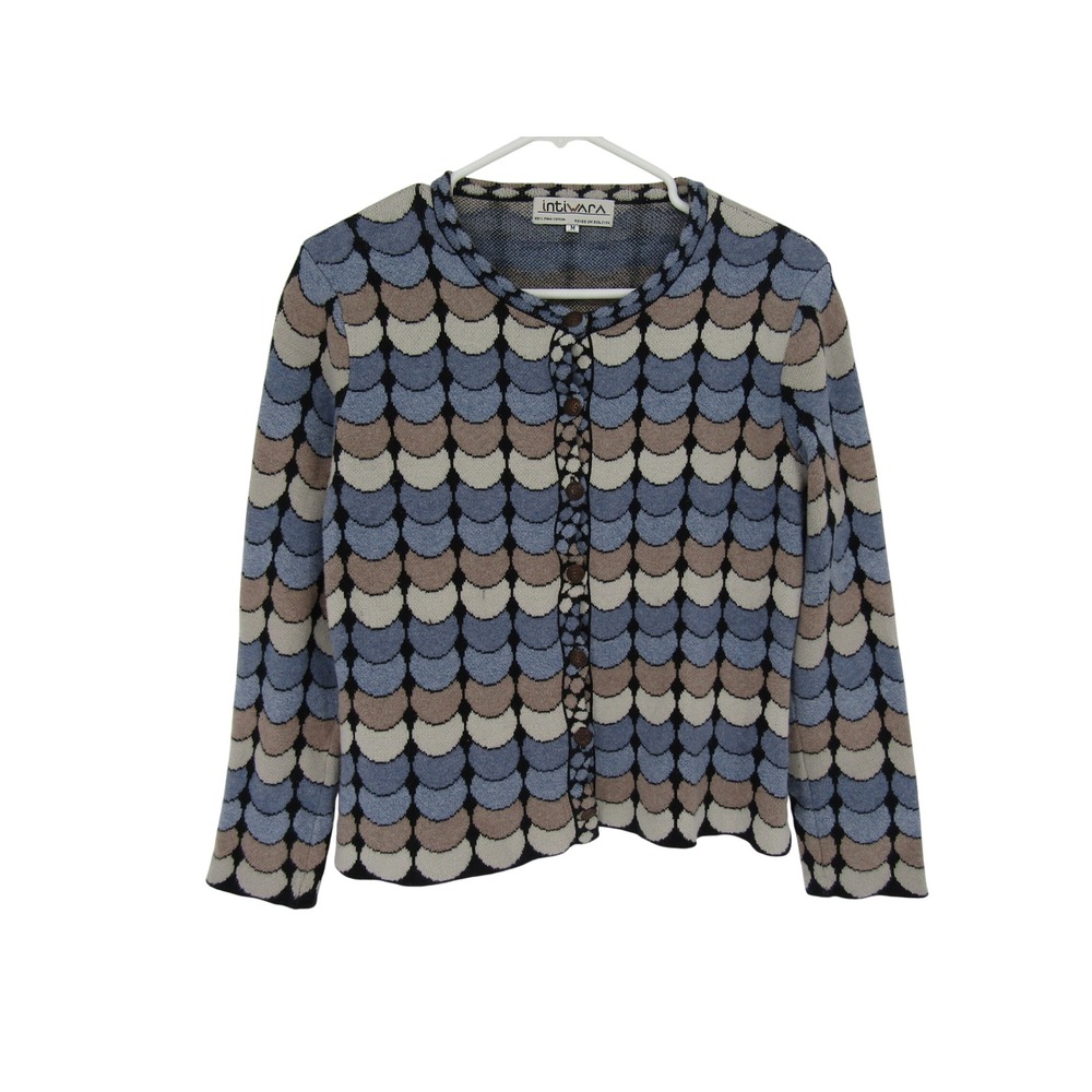 Intiwapa Multi Color Pima Cotton Knit Cardigan Sweater Scallop Artsy Boho Layer